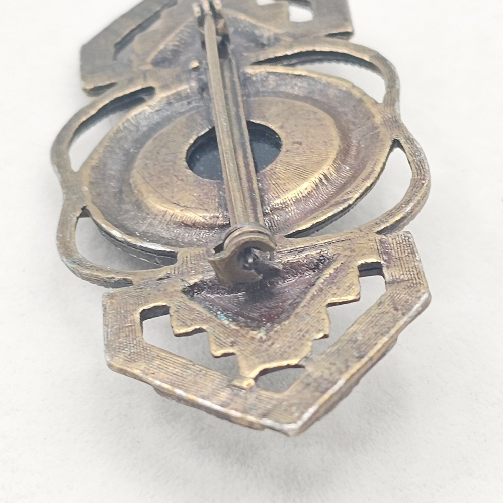 Art Deco Style Brooch Glass Cabochon Black Bronze Tone 2.75" Pin Geometric - Picture 7 of 9